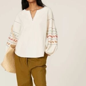 Madewell off-white cotton embroidered Puff sleeves V-neck top sz S oversized